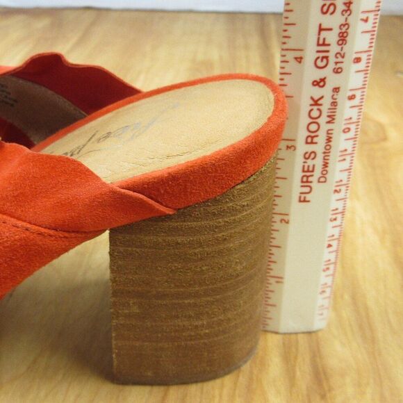 FREE PEOPLE Rosie Ruffle Heels Sz 38 Red Orange Slip On Slide Sandals Block Heel - Picture 8 of 12